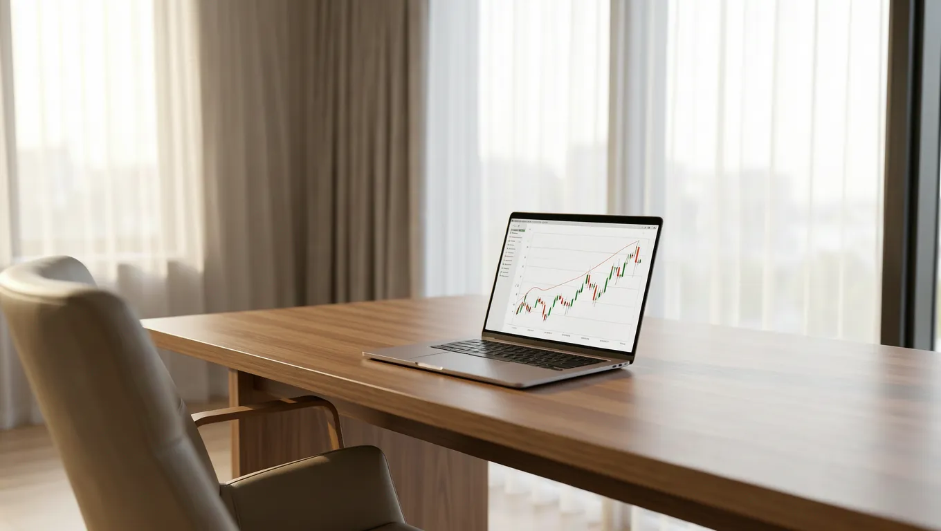 High credit score dashboard displayed on a laptop in a bright modern home office setting.