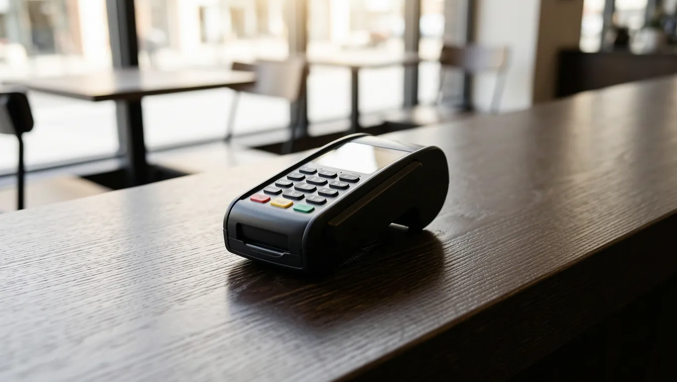Contactless payment terminal on a rustic wooden cafe counter