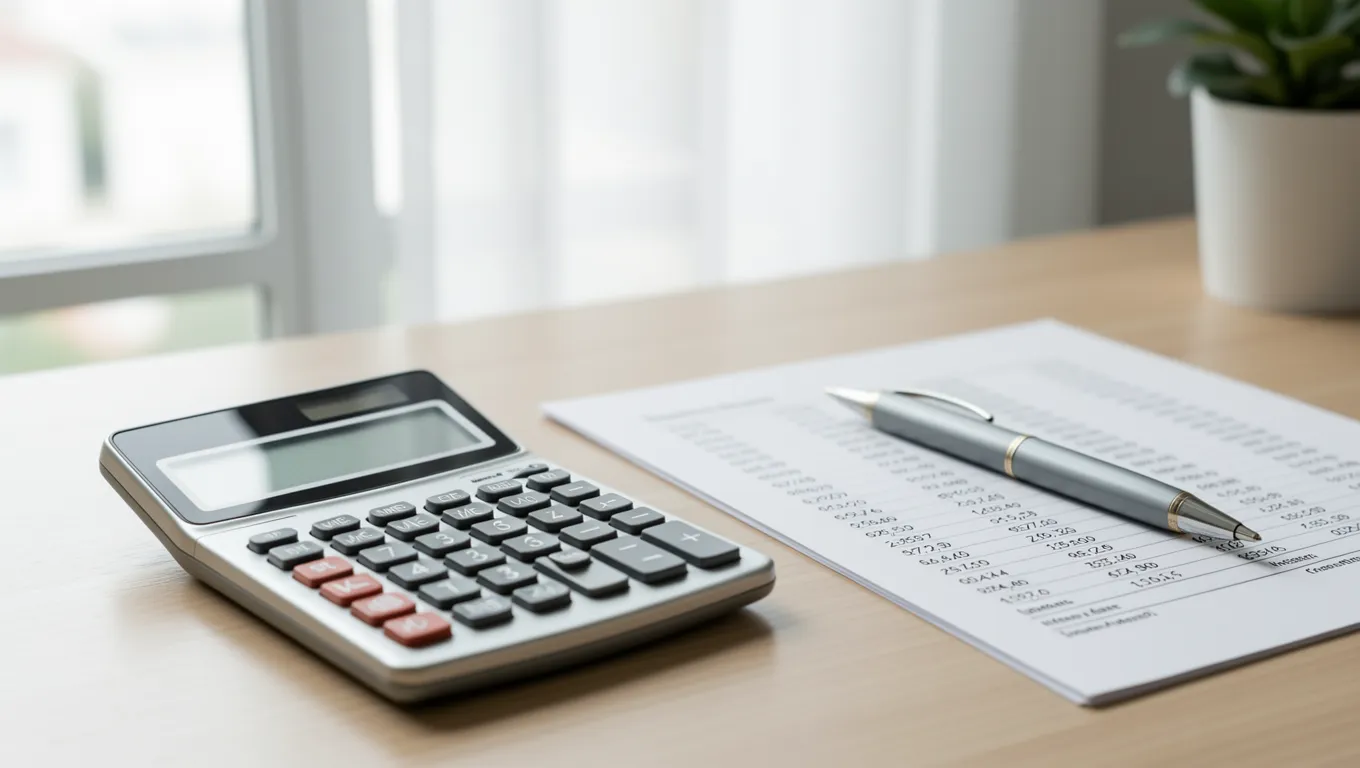 Calculator and pen on top of a financial loan agreement
