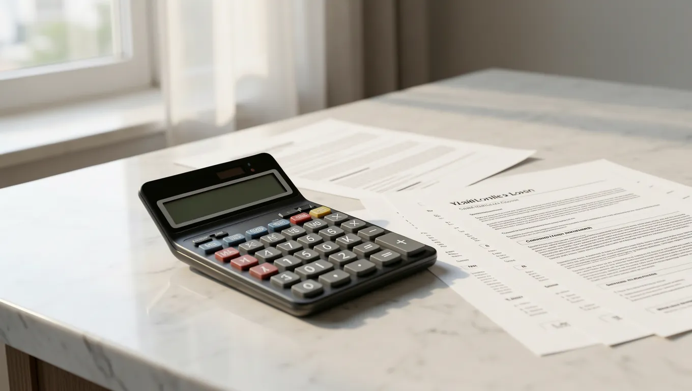 Financial calculator and loan documents on a marble surface