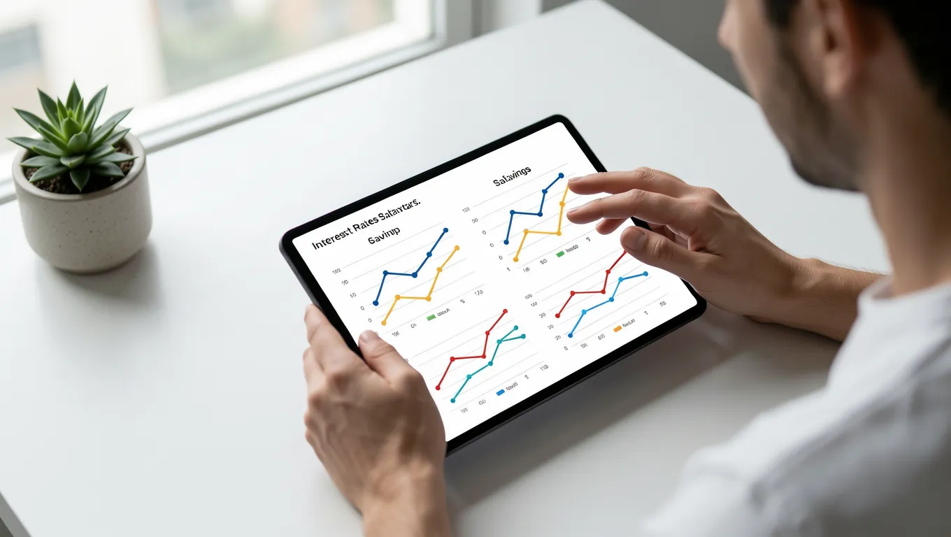 Hands reviewing financial growth charts on a digital tablet