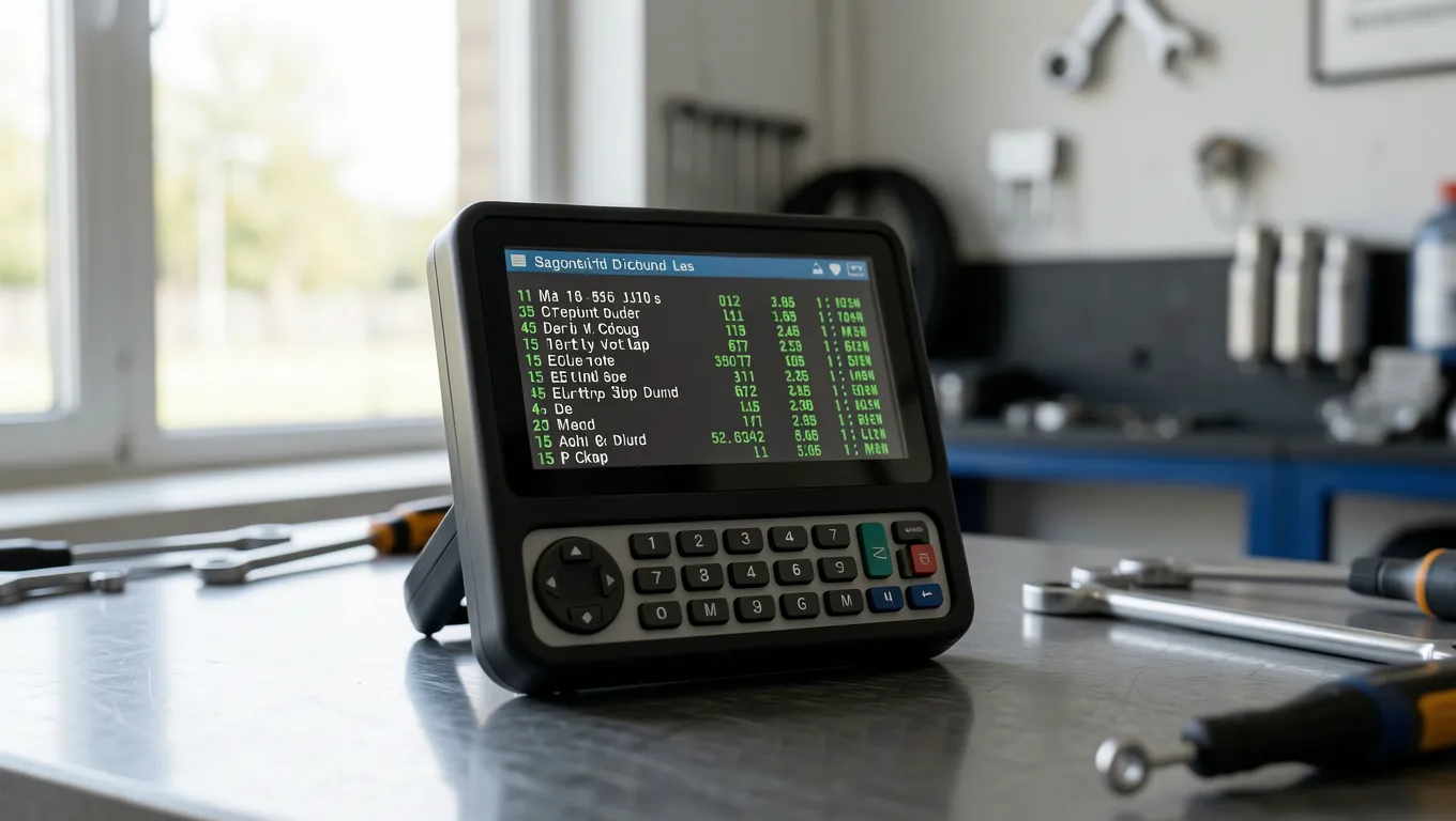 Professional car diagnostic tool showing engine error codes on a screen