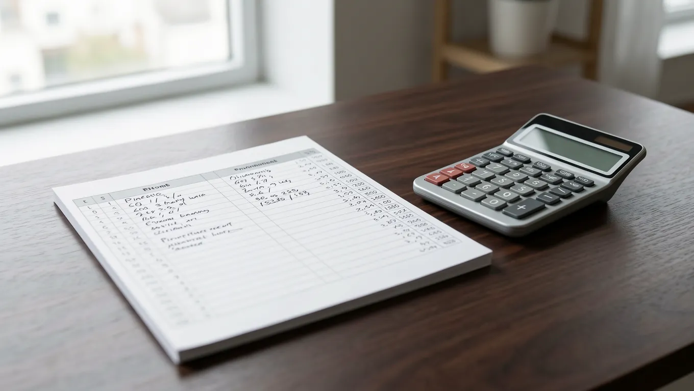 Professional financial ledger with a calculator on a desk