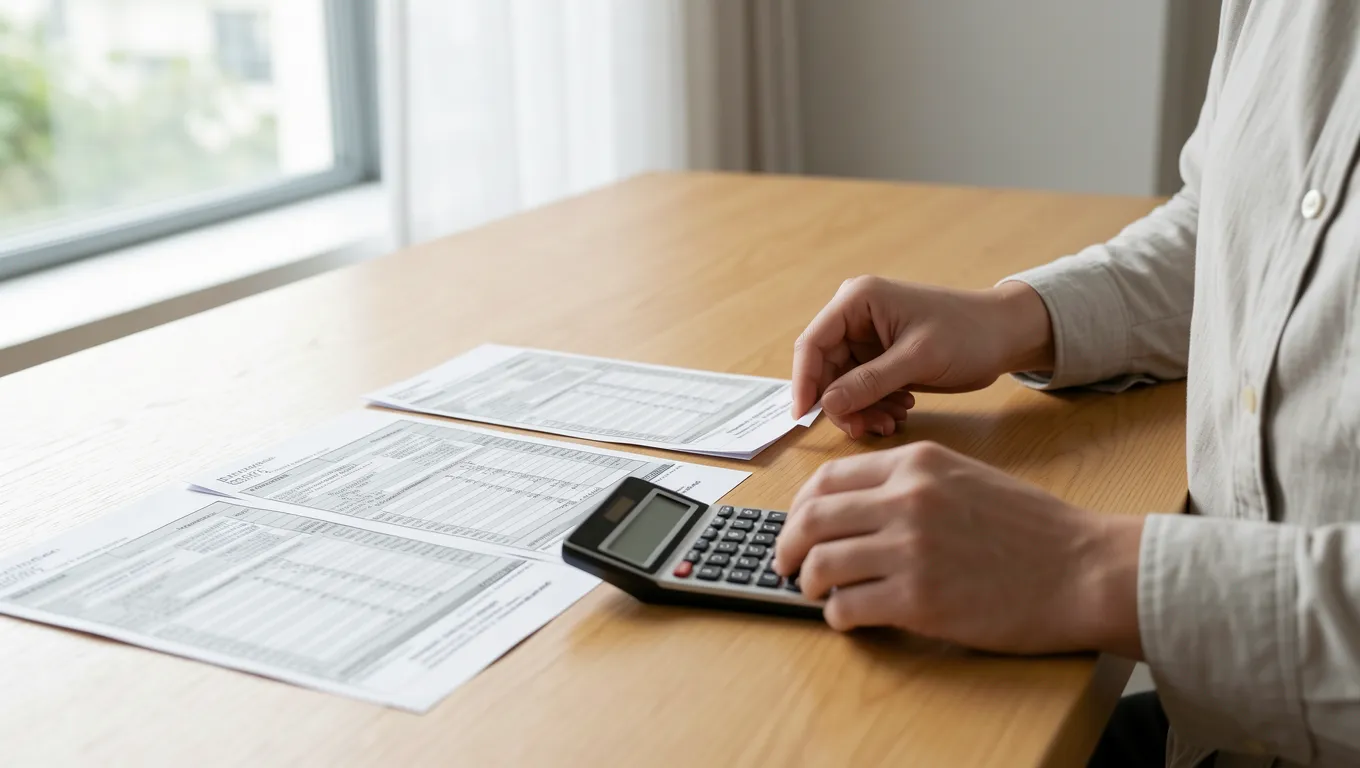 Hands reviewing financial documents and a calculator on a desk