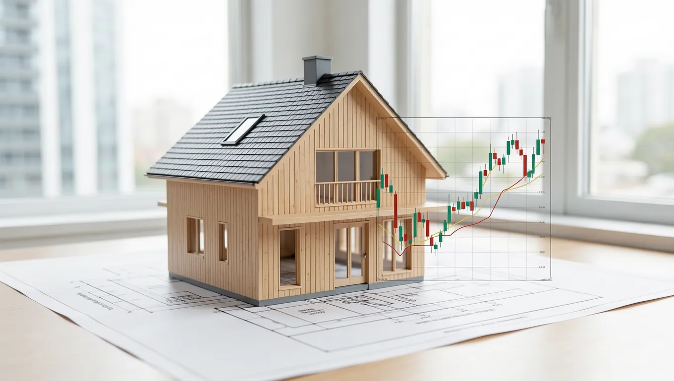 Financial growth charts overlaid on an architectural blueprint