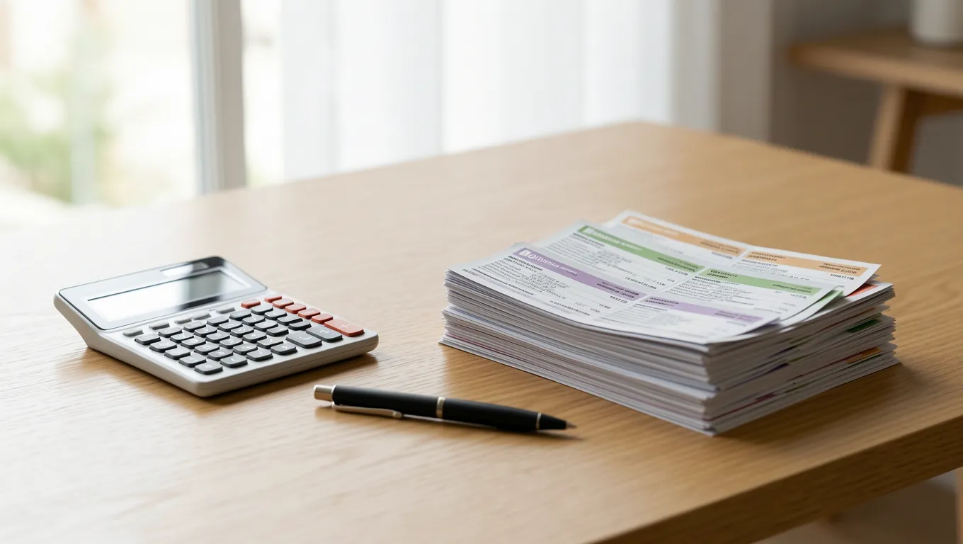 A stack of household bills and a calculator for budgeting