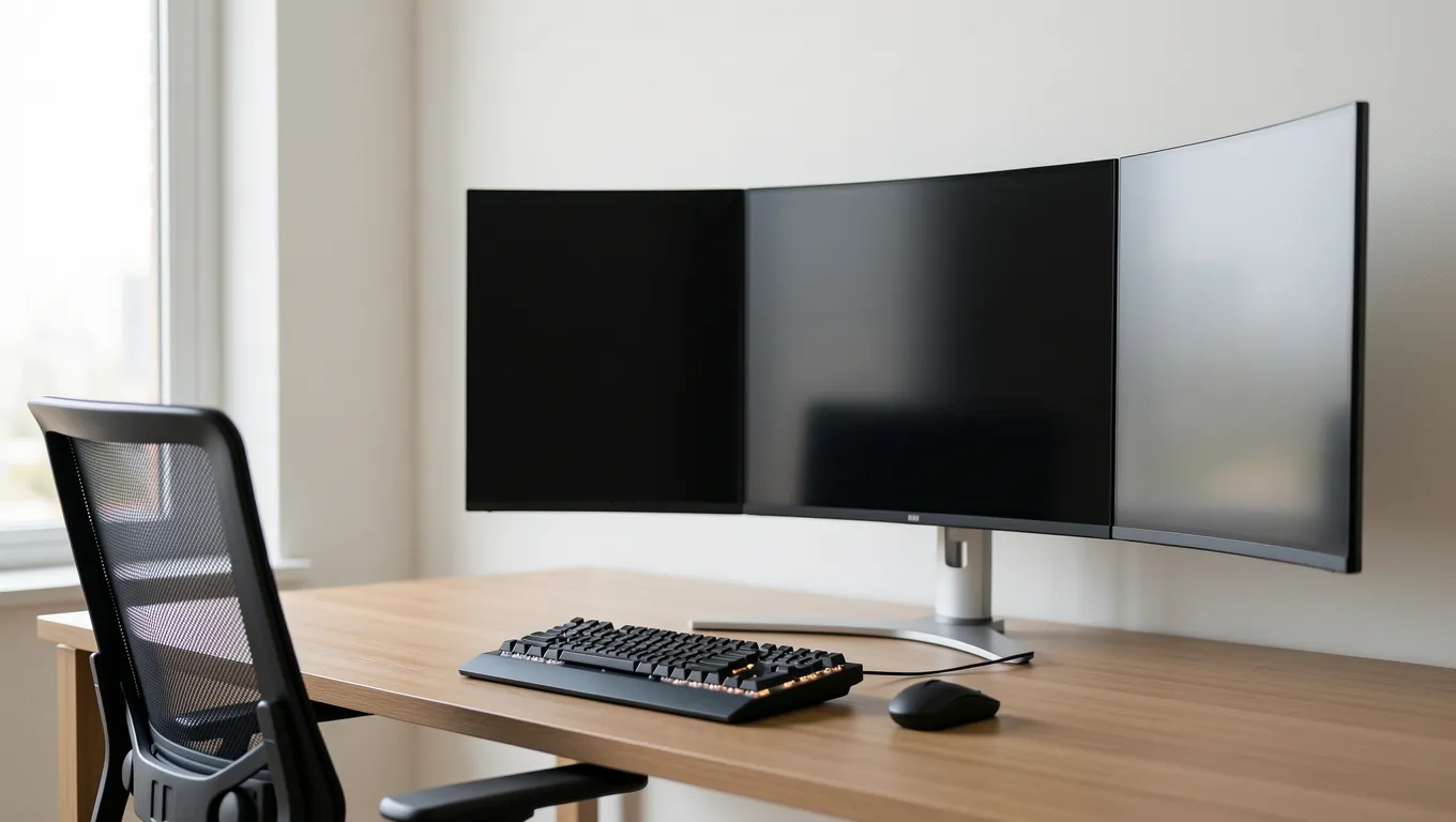 Modern home office workstation with ergonomic equipment
