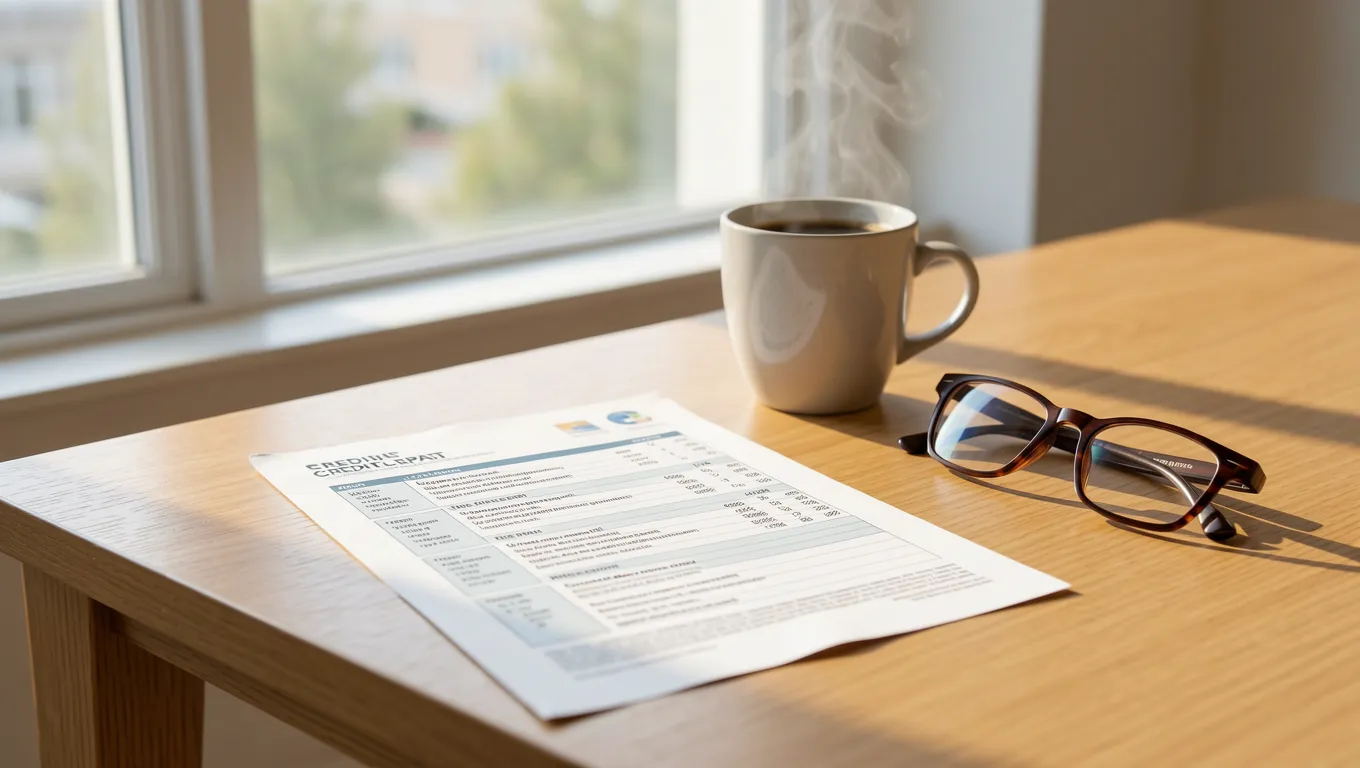 A printed credit report sitting on a desk near a coffee cup