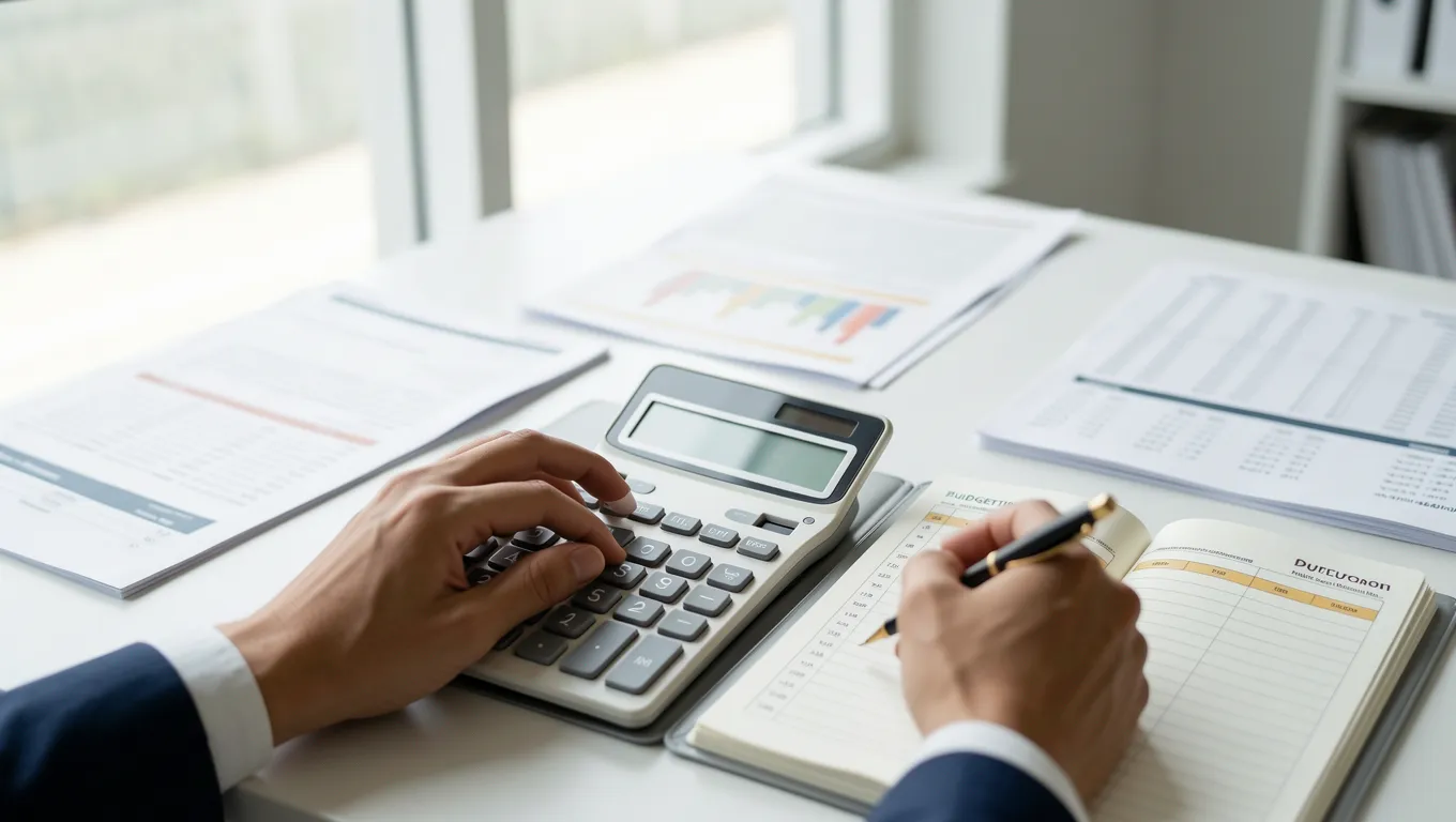 Hands calculating a personal budget in a notebook