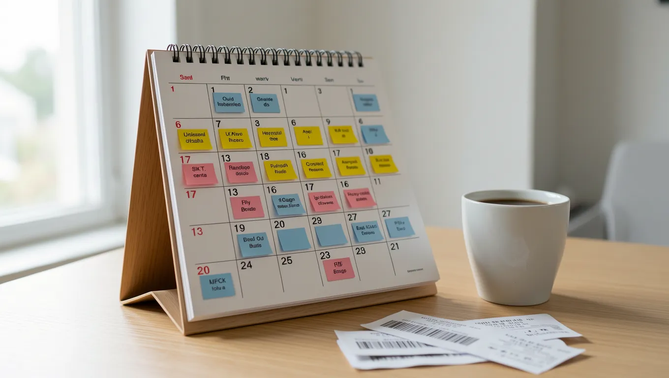 A desk setup showing a calendar and financial documents