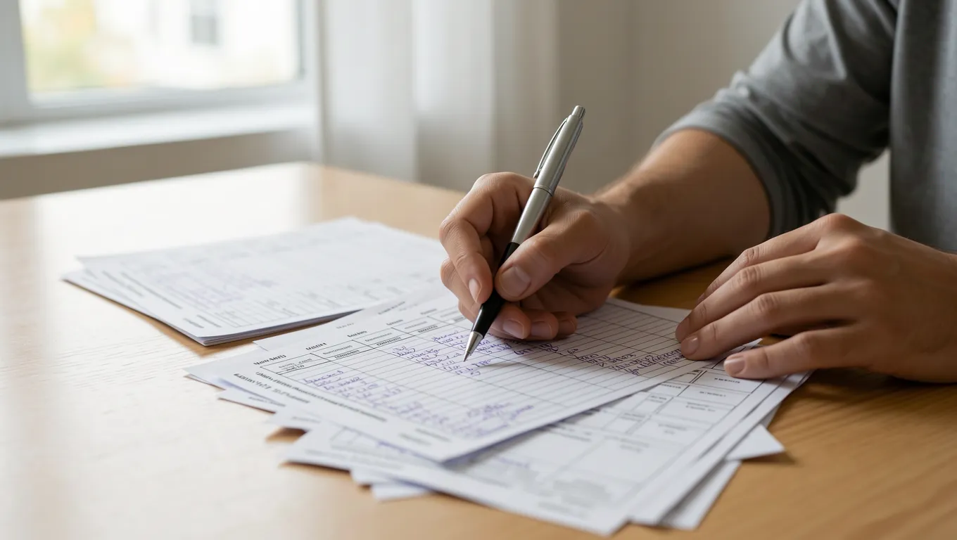 Hands writing in a budget notebook next to various household bills