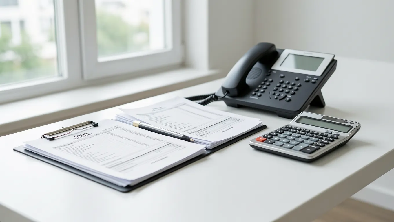 Office desk with a phone and organized financial documentation