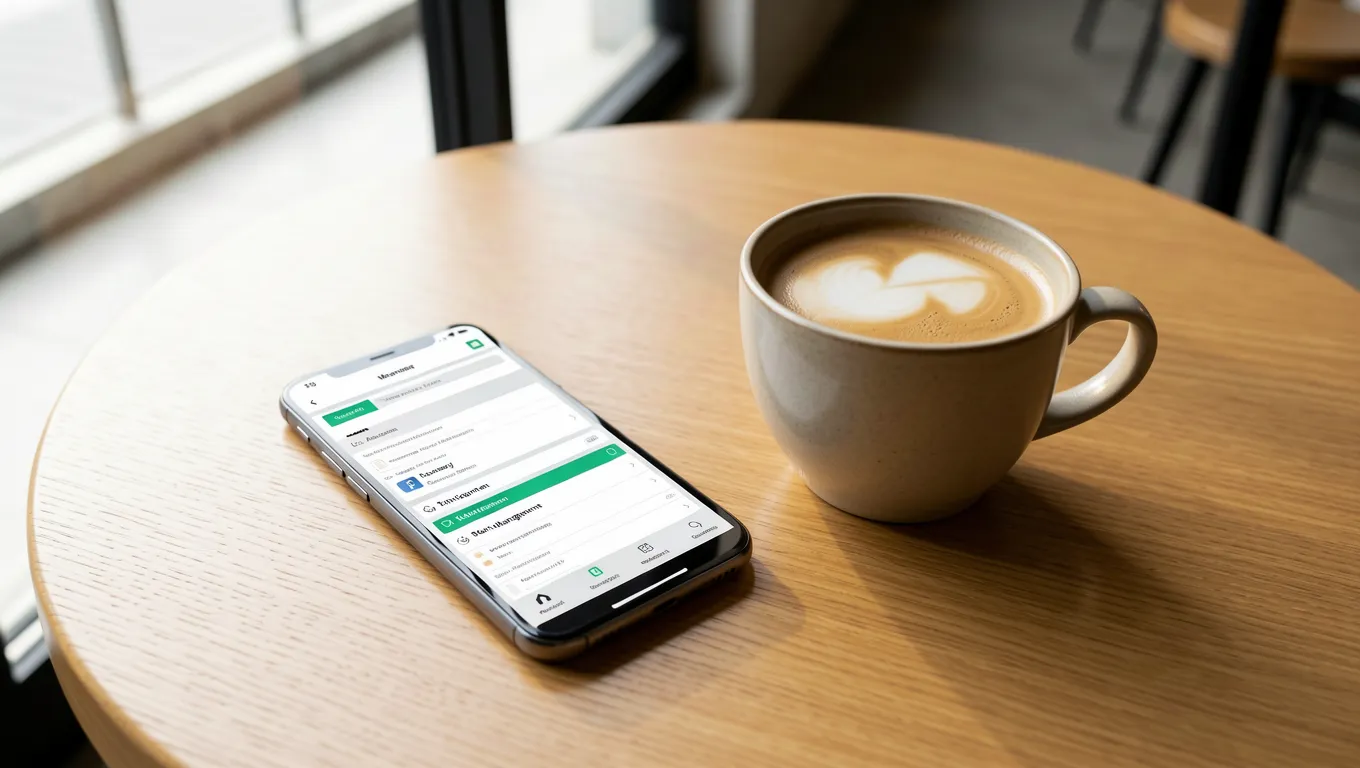 Smartphone with task apps and coffee on a wooden table