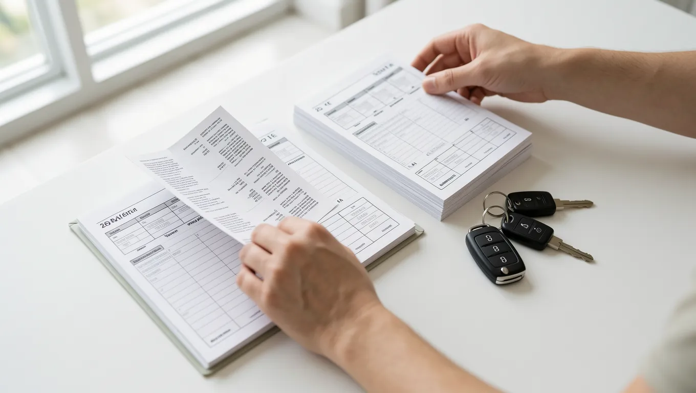 Hands organizing a budget planner with receipts and car keys