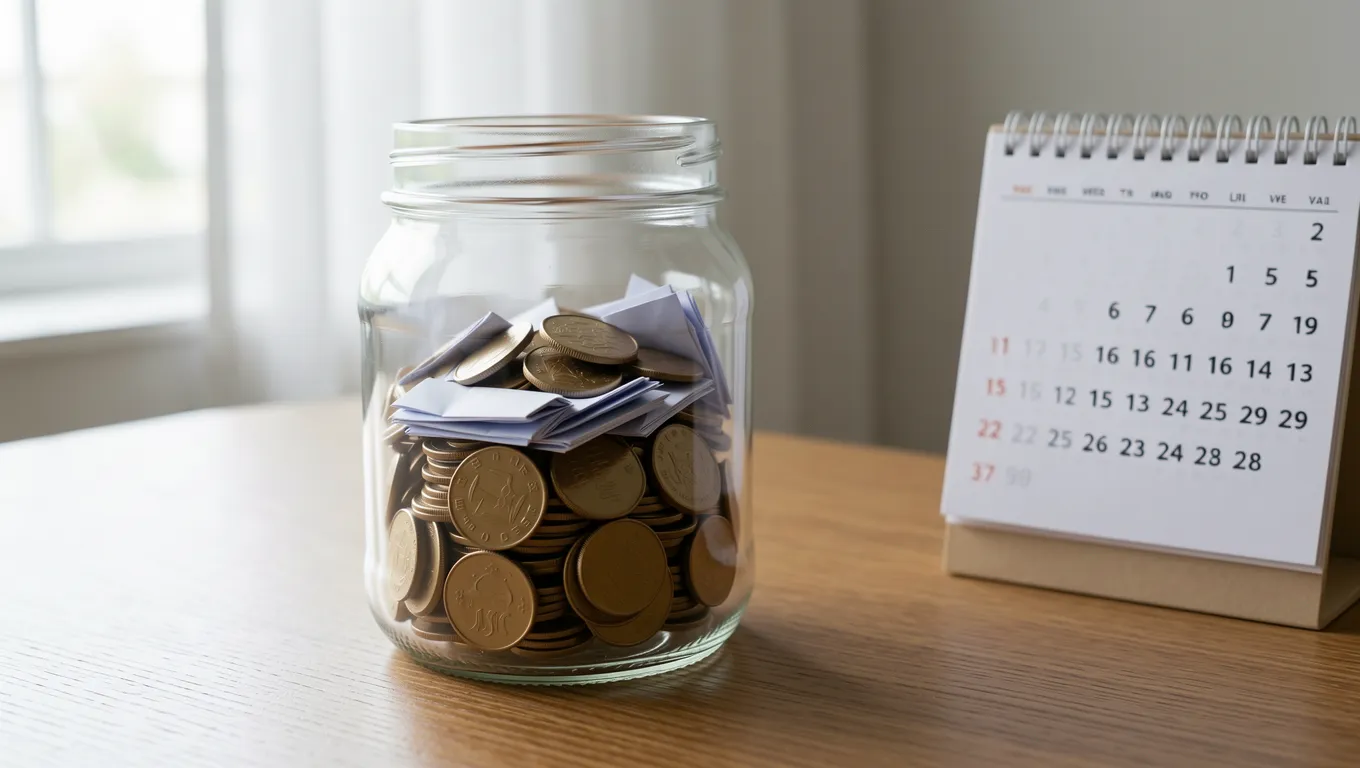 A glass savings jar being filled with coins for sinking funds