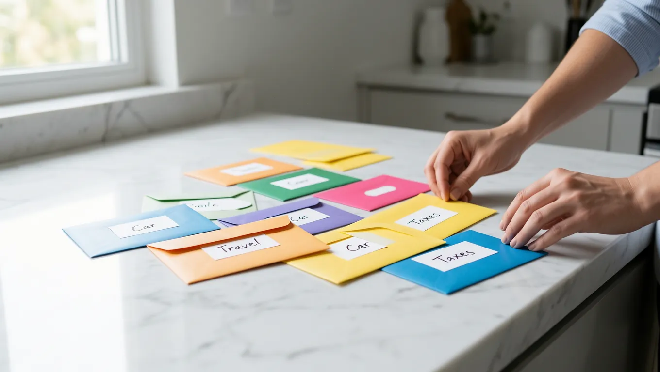 Hands organizing labeled envelopes for sinking fund budgeting