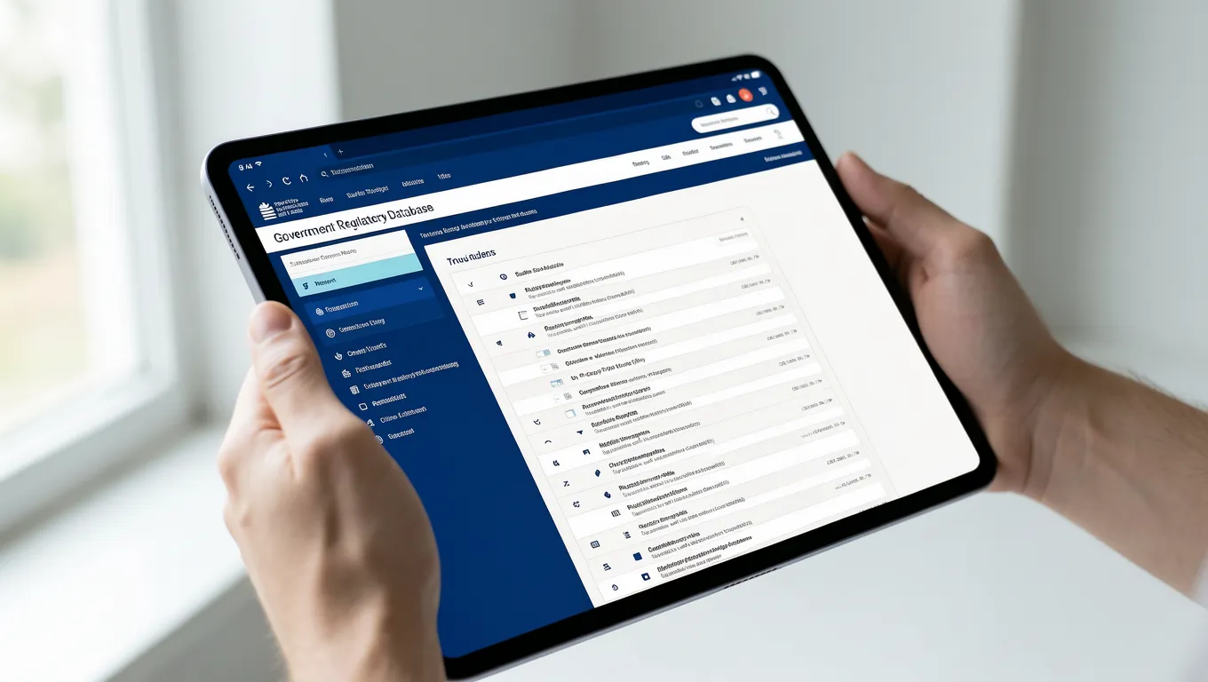 Hand scrolling through an official state licensing database on a tablet