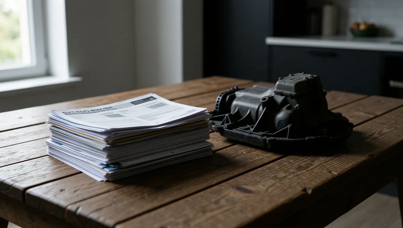 Stack of unpaid bills and a mechanical car part