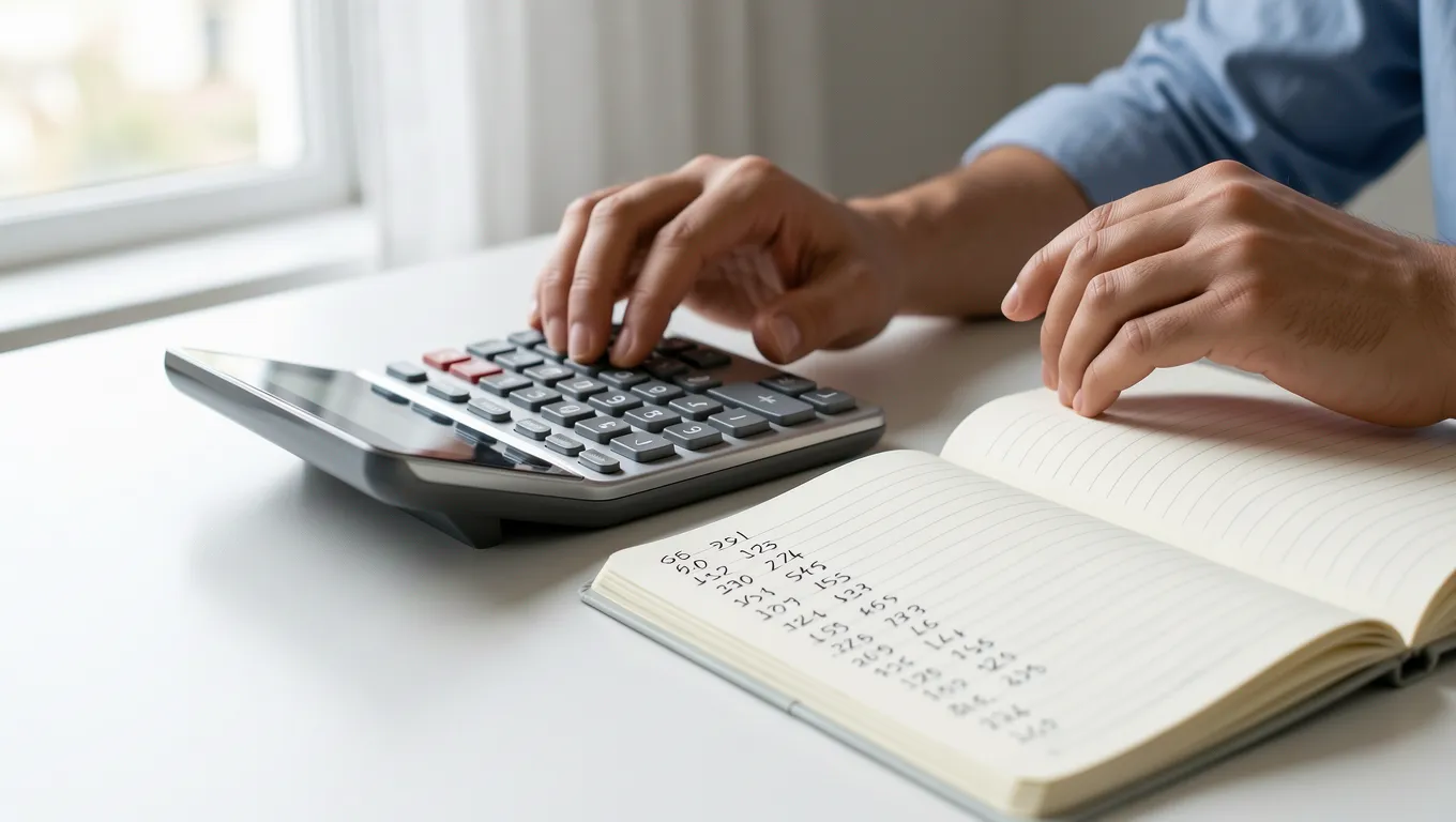 Person calculating a monthly budget with a calculator