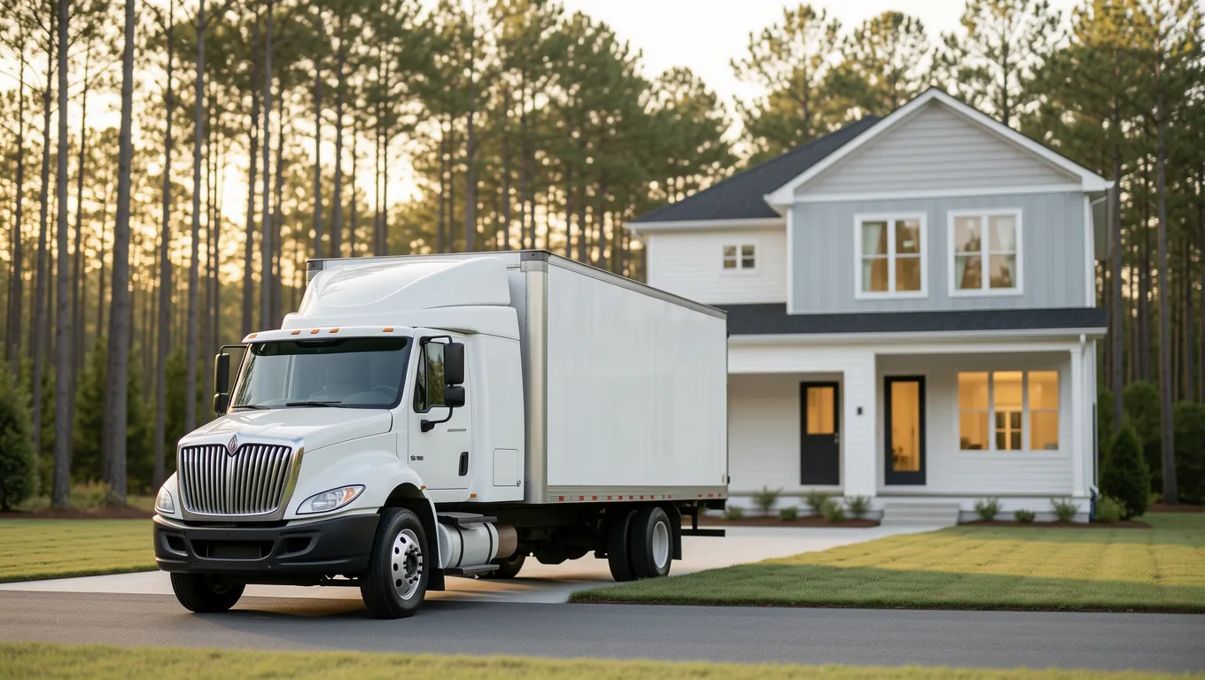 A moving truck parked outside a new home in North Carolina