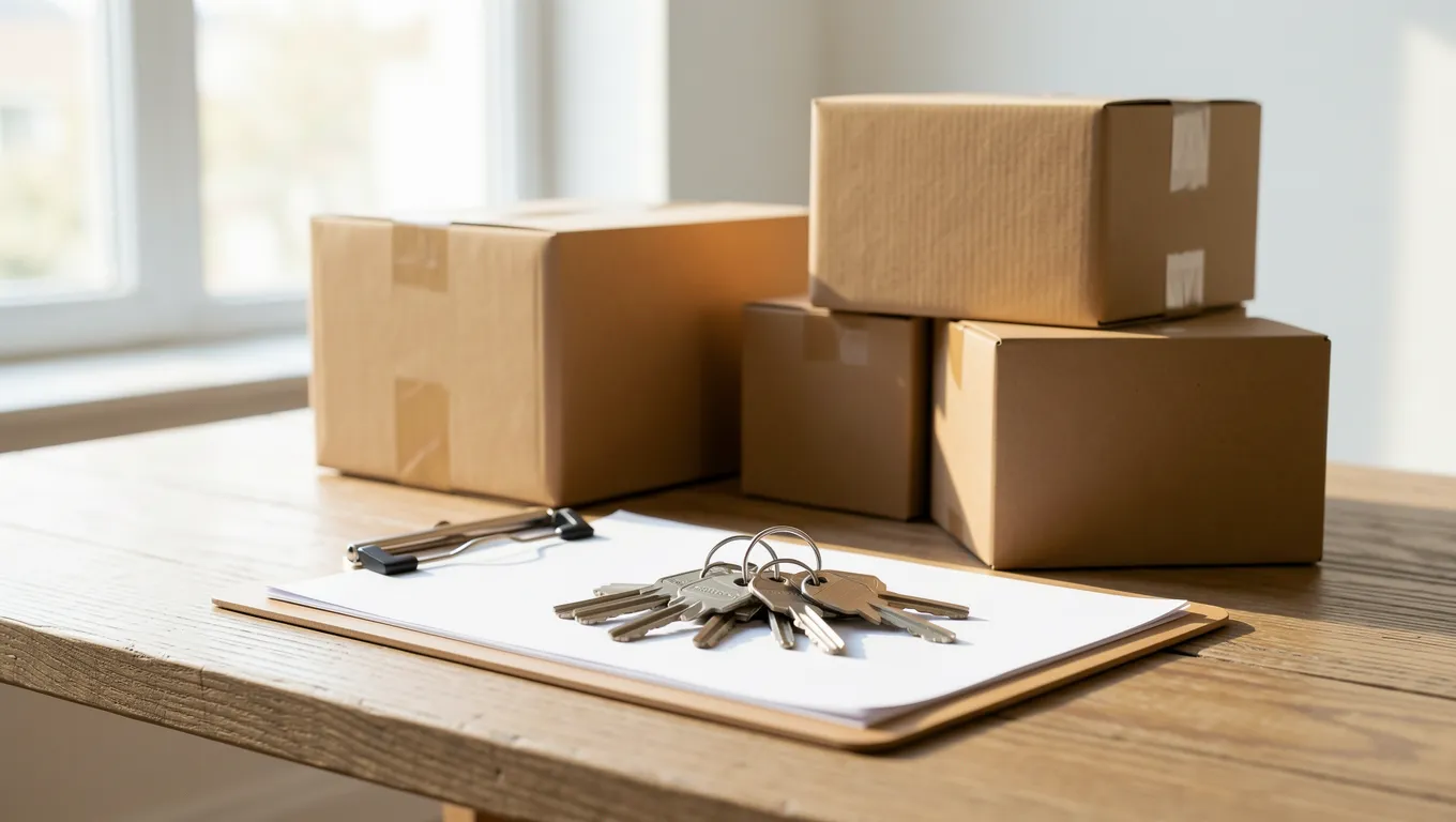 House keys and moving supplies on a wooden table
