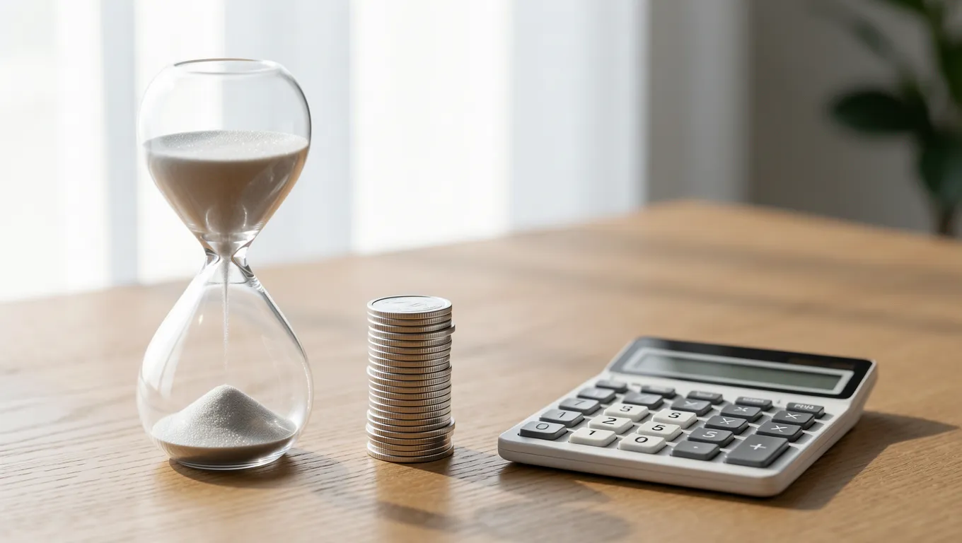 Hourglass with coins representing time and loan interest