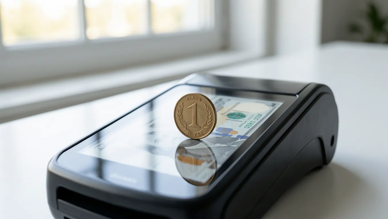 A silver coin sitting on a modern digital payment screen