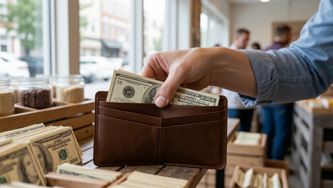 Hand pulling a twenty dollar bill from a leather wallet