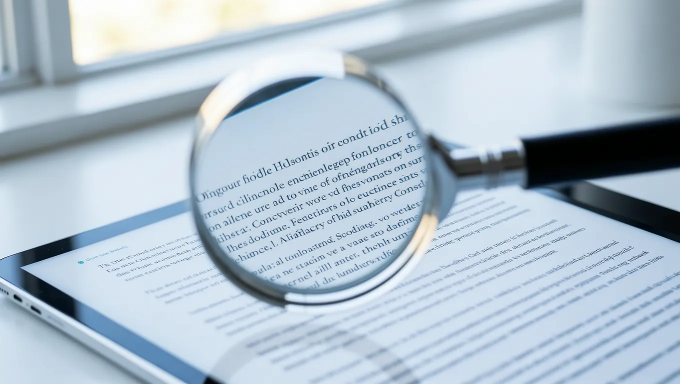 Magnifying glass over digital legal documents and privacy policy text