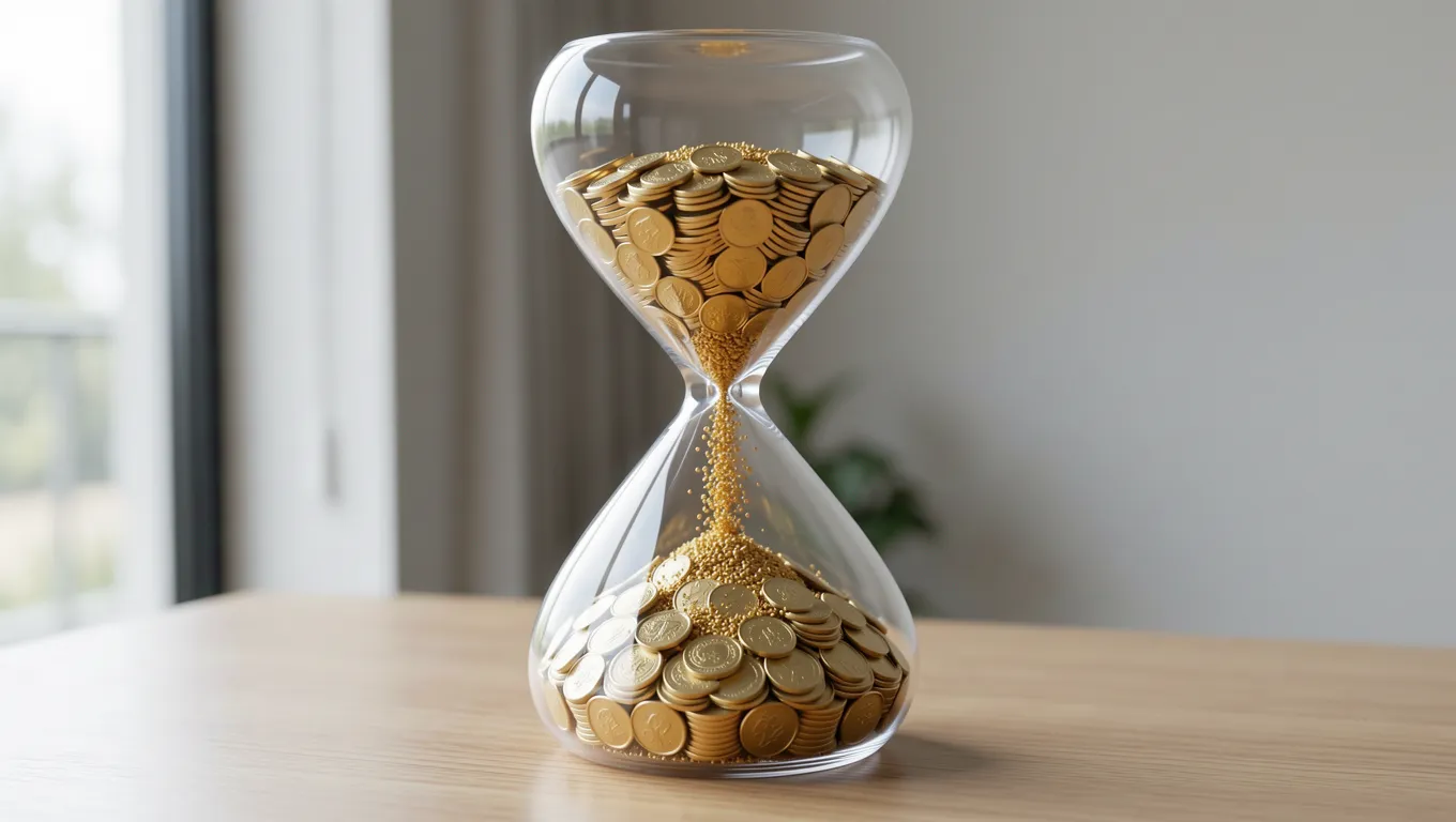 Hourglass with gold coins representing the passage of time and interest costs