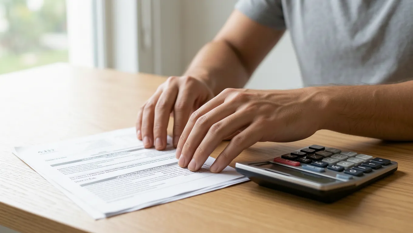 Hands resting near an unpaid bill and a calculator in a stressful setting