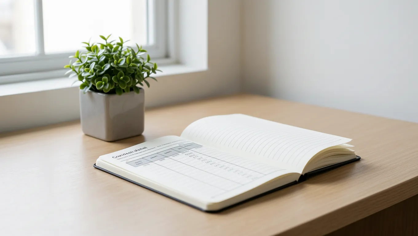 An organized desk with a budget planner and a calming green plant
