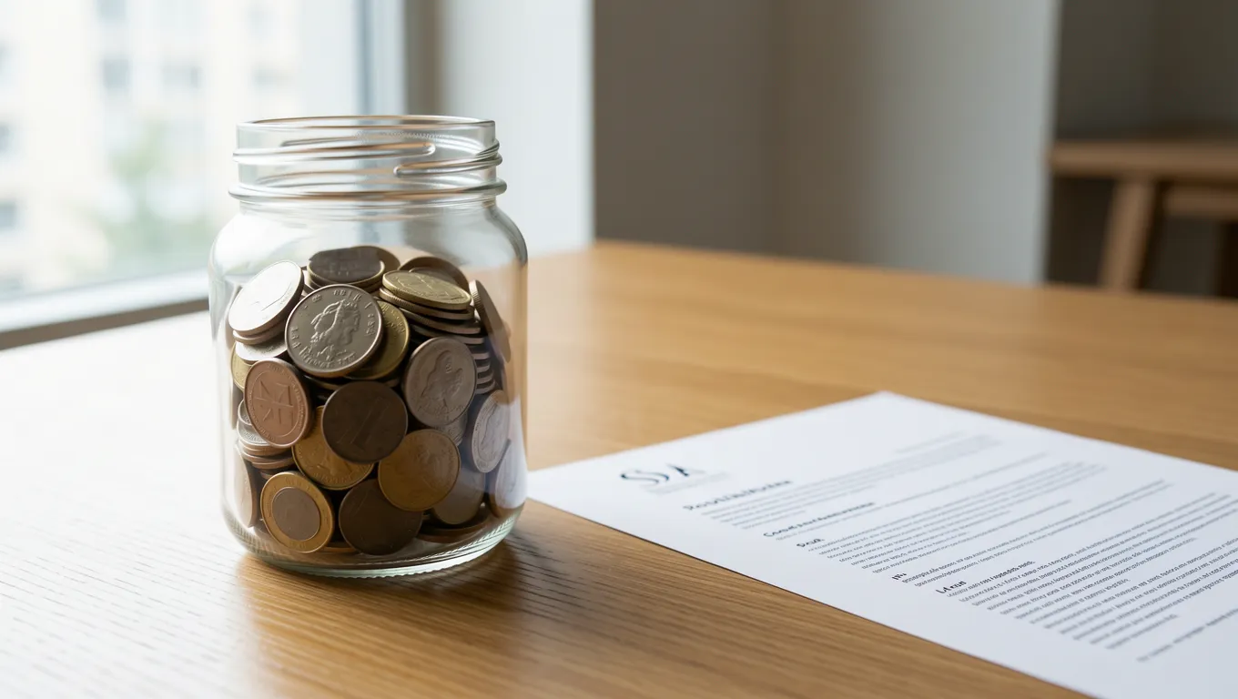 Glass jar of coins and bank documents representing savings and interest rates