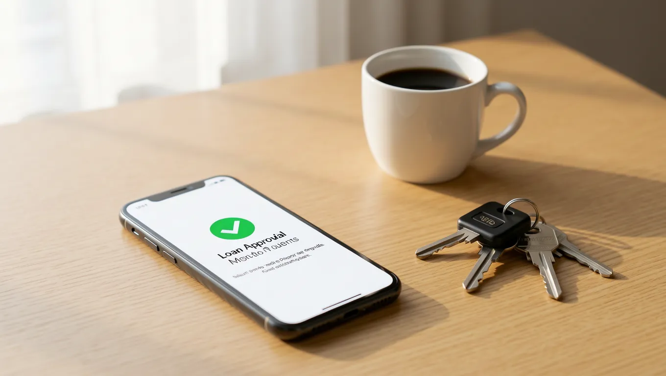 Smartphone showing instant approval personal loans confirmation on a bright desk