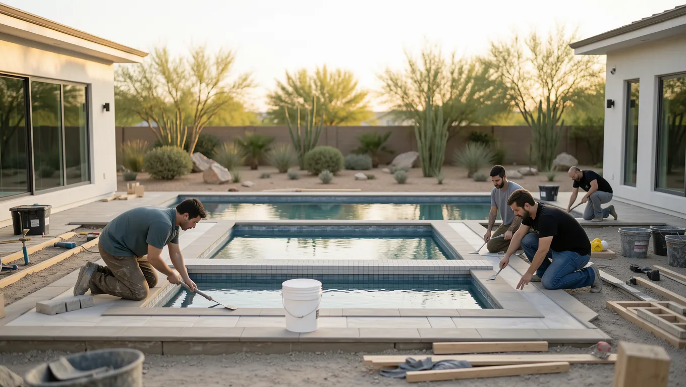 Luxury backyard pool under construction during a home improvement project.