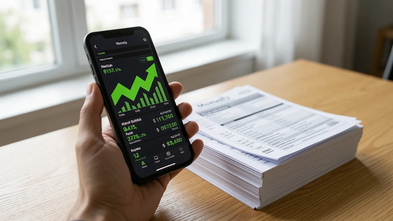 Smartphone showing financial progress next to unpaid utility bills for no credit check personal loans context