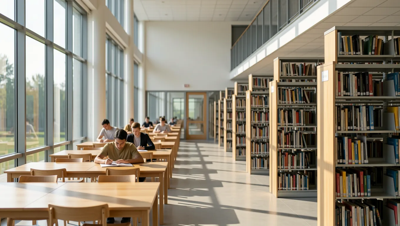 Student studying in a sunlit university library while considering personal loans for tuition