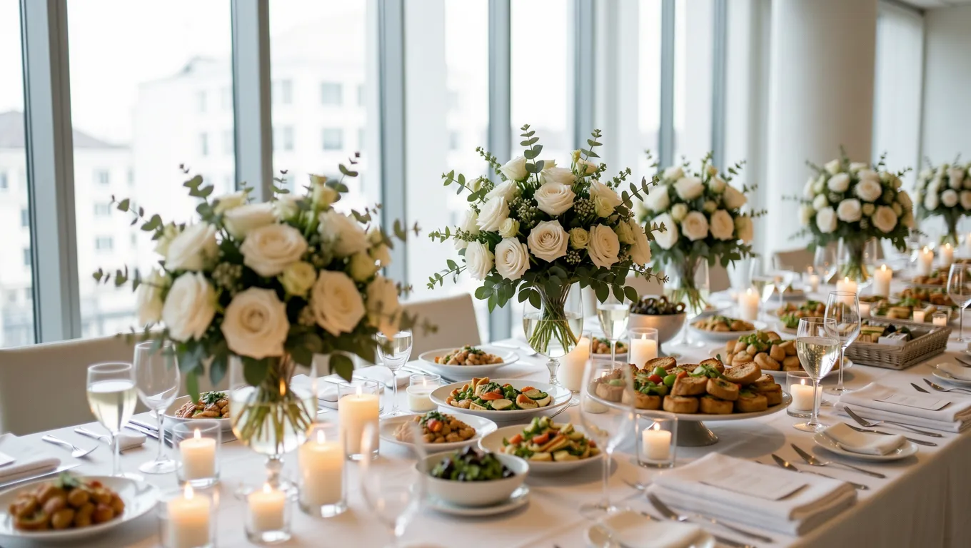 An elegantly set wedding reception table featuring flowers as part of personal loans for wedding planning.