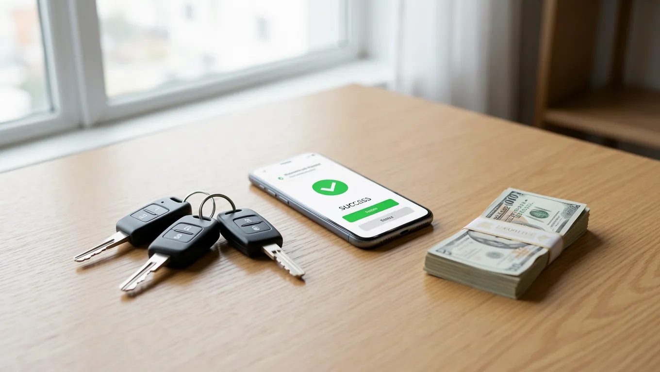 Smartphone showing successful loan funding alongside car keys for quick cash loans online